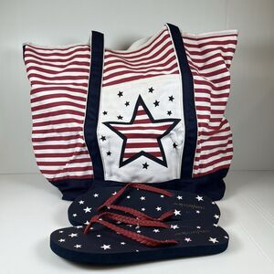 NWT STARS & STRIPES 2pc Red White Blue Large Canvas Tote + Flip Flops Size L 8/9